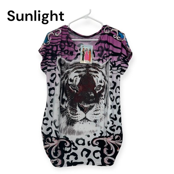 Fashion Unbranded Women Rhinestones Tiger Print Top SZ M Stretch Polyester - Picture 1 of 9